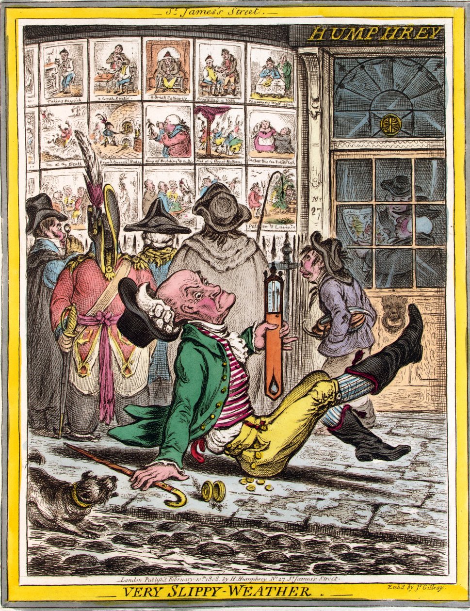 Nagyon csúszós idő, kocsma. 1808 (kézzel színezett metszet) alkotó: James Gillray