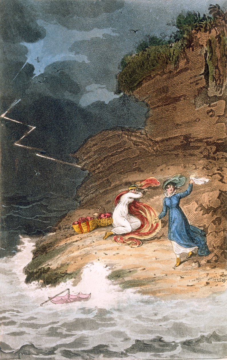 Két korai Regency szépasszony, akiket egy vihar fogott el a parton, Joseph Constantine Stadler metszete, 1795-1805 körül (színes metszet) alkotó: James Green