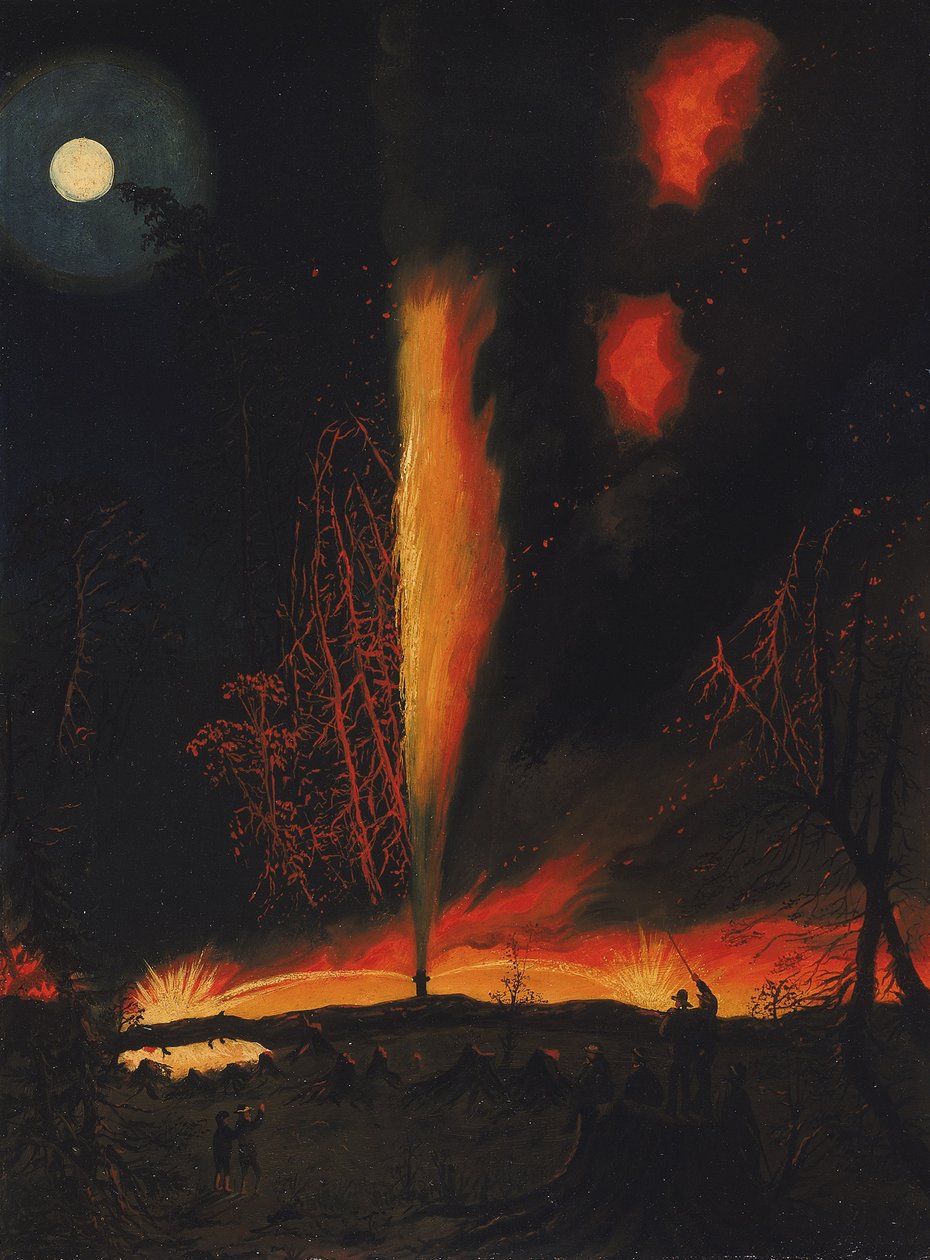Égő olajkút éjszaka, Rouseville közelében, Pennsylvania alkotó: James Hamilton