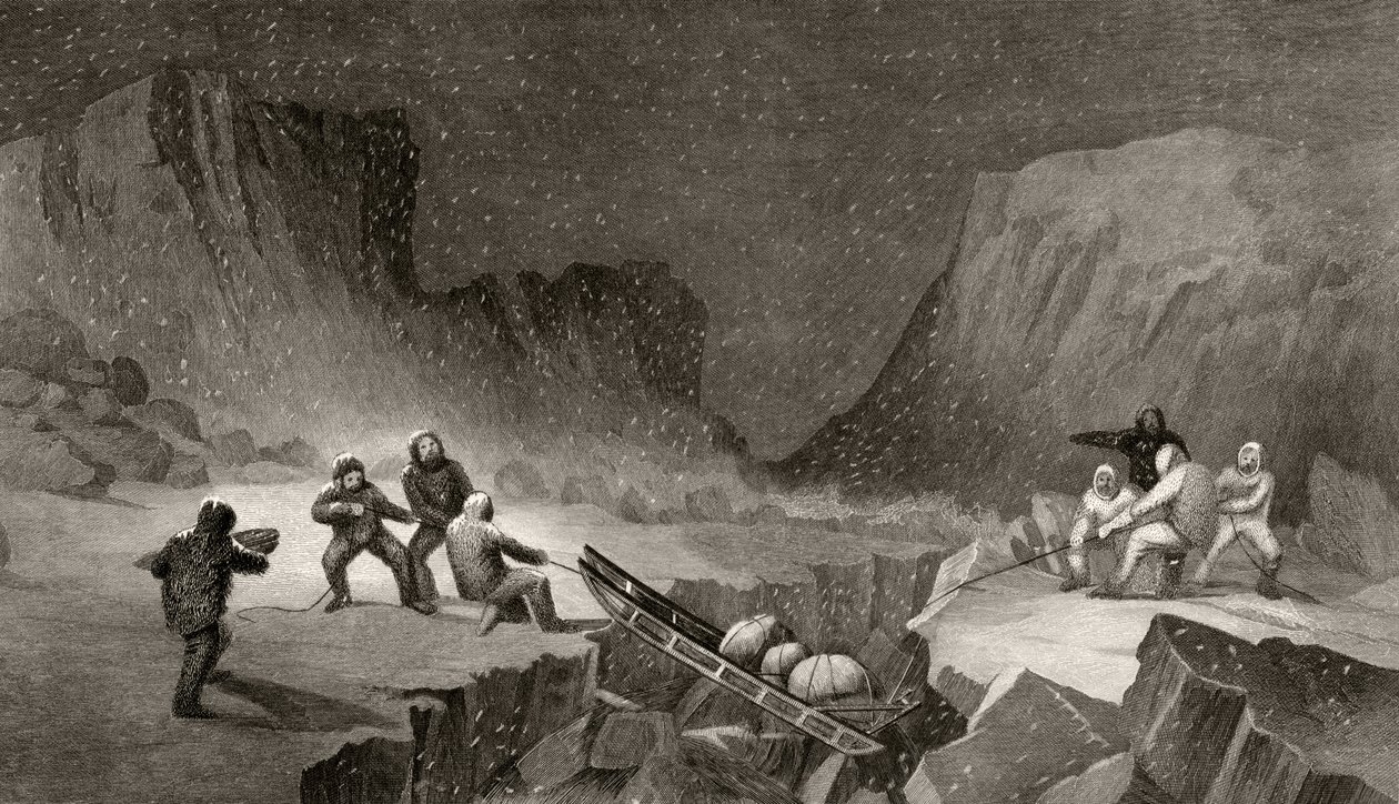 Átkelés a jégövezeten a Coffee Gorge-nál, metszet R. Hinshlewoodtól, a "Arctic Explorations in the Years 1853, 54, 55", I. kötet, Dr. Elisha Kent Kane (1820-57), kiadó Philadelphia, 1856 (li alkotó: James Hamilton