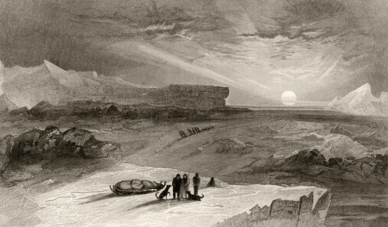 The Look Out from Cape George Russell, metszett R. Hinshelwood, "Arctic Explorations in the Years 1853, 54, 55", I. kötet, Doctor Elisha Kent Kane (1820-57) kiadta Philadelphia, 1856 (li) alkotó: James Hamilton