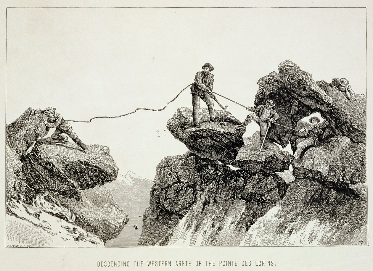 Leereszkedés a Pointe des Ecrins nyugati oldaláról, Edward Whymper (1840-1911) "The Ascent of the Matterhorn" című, 1860-80-as években kiadott metszetéből. alkotó: James Mahoney
