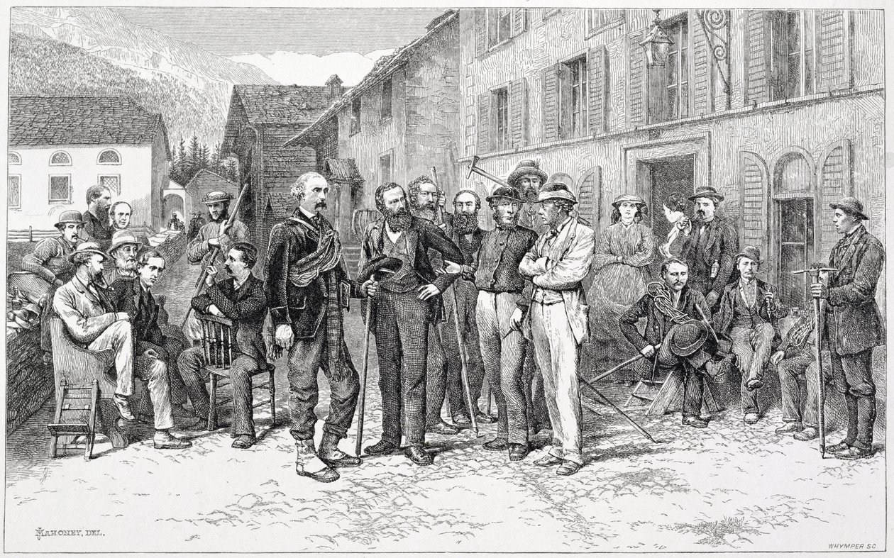 A zermatti klubszoba 1864-ben, Edward Whymper (1840-1911) által metszett „A Matterhorn felemelkedése” című művéből, az 1860-80-as években megjelent alkotó: James Mahoney