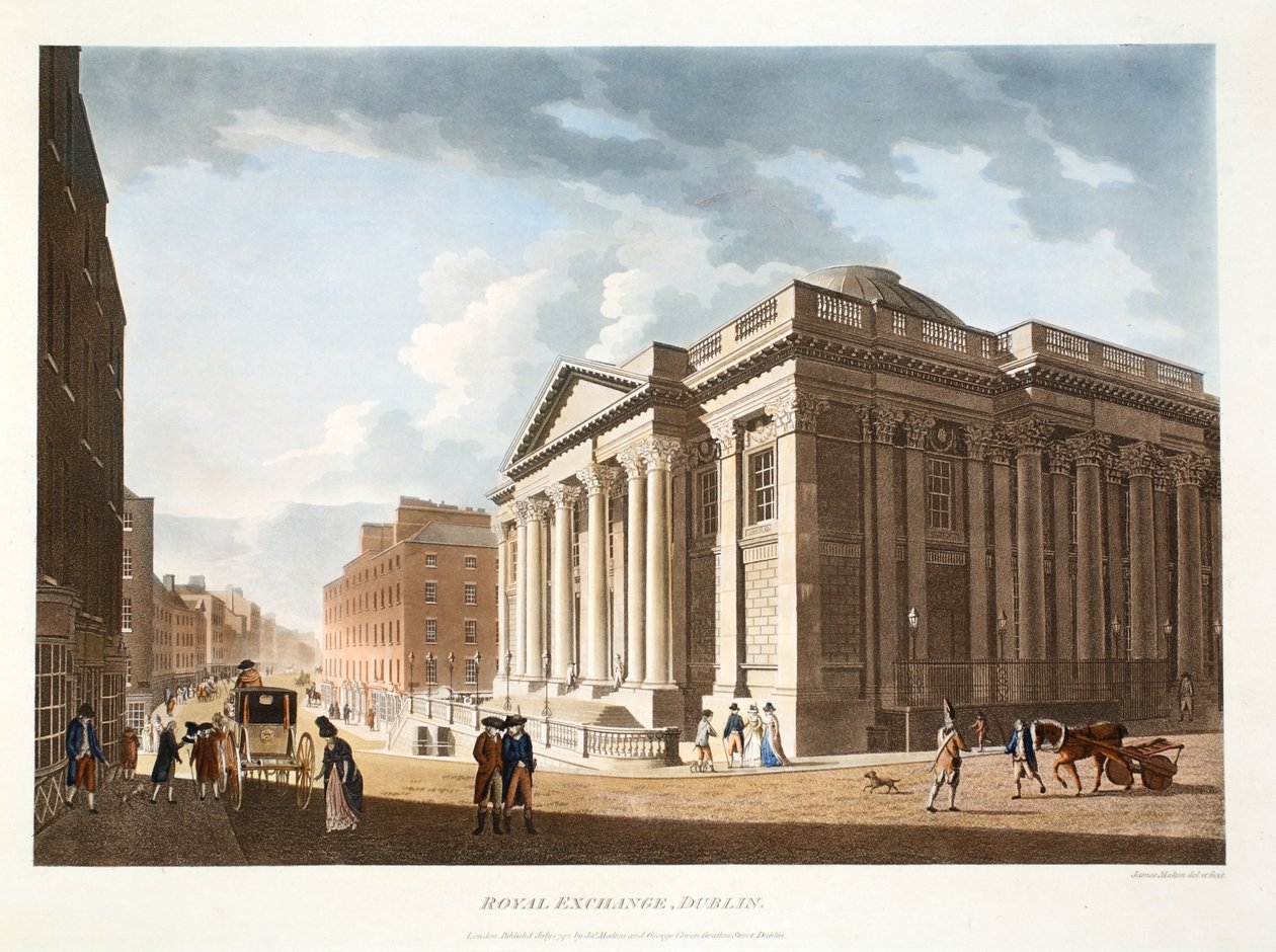 The Royal Exchange, Dublin, 1792 (kézzel színezett metszet) alkotó: James Malton