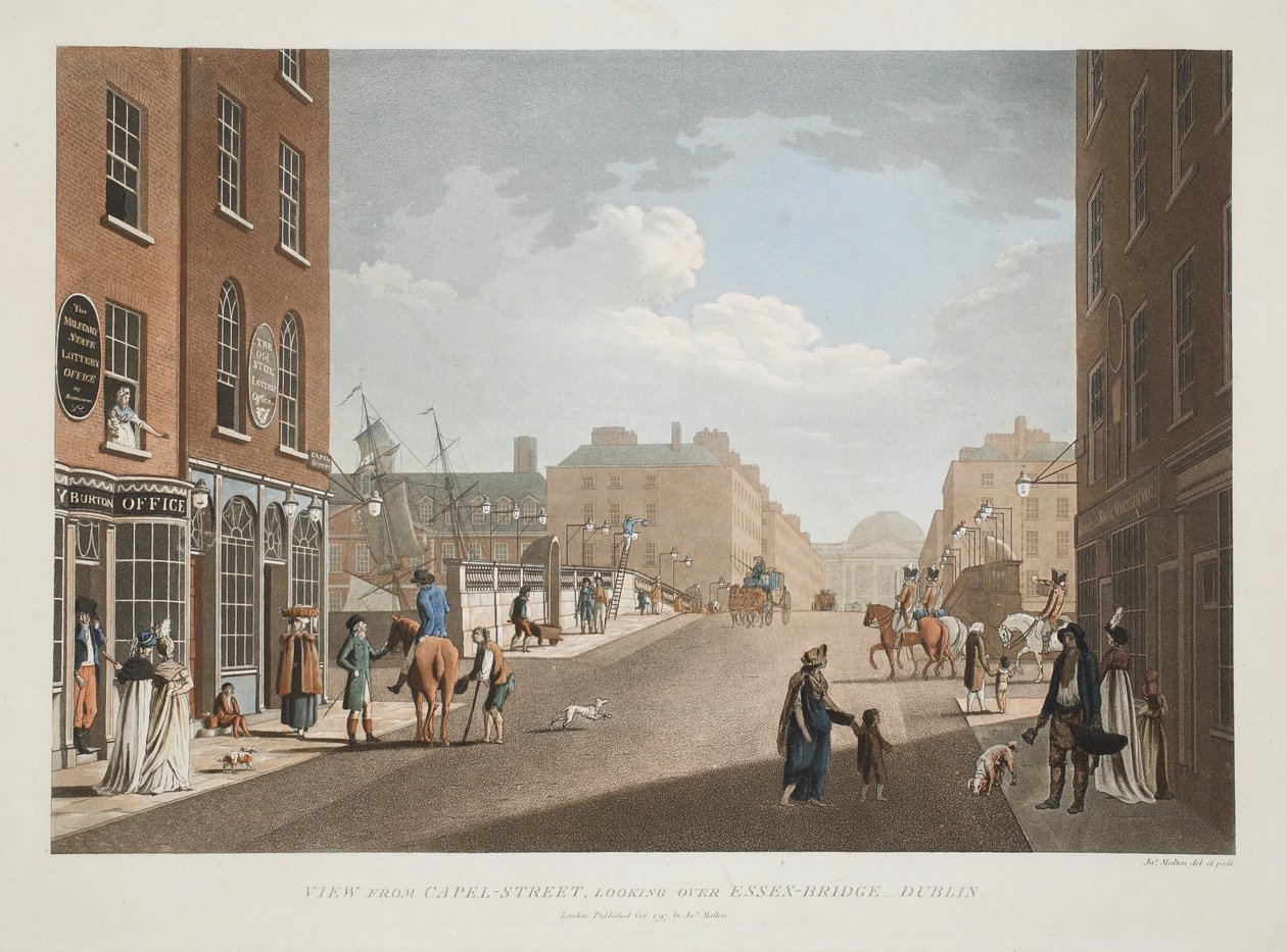 Kilátás a Capel-Streetről az Essex-Bridge-re, Dublin, 1797 (kézzel színezett metszet) alkotó: James Malton