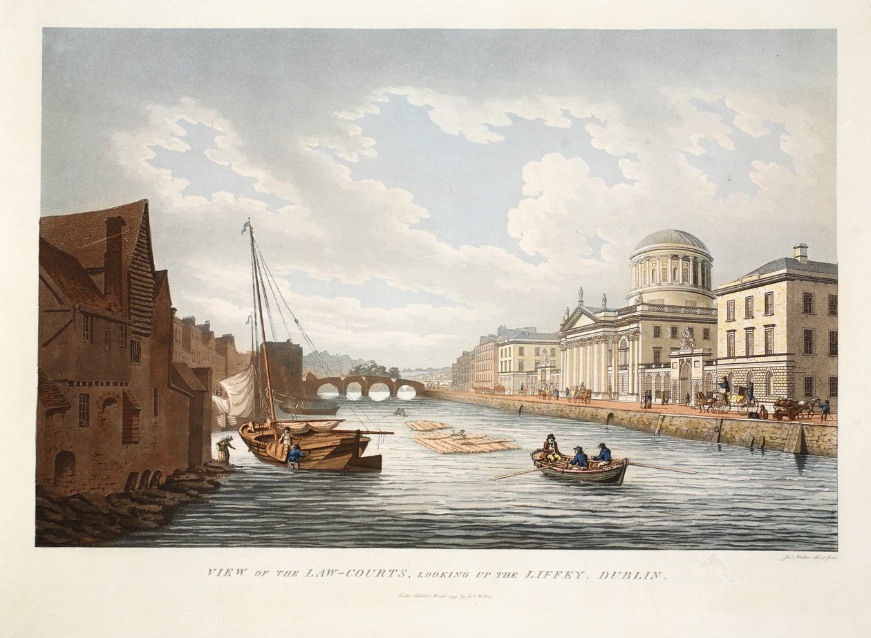 A bíróságok látképe a Liffey-n, Dublin, 1799 (kézzel színezett metszet) alkotó: James Malton