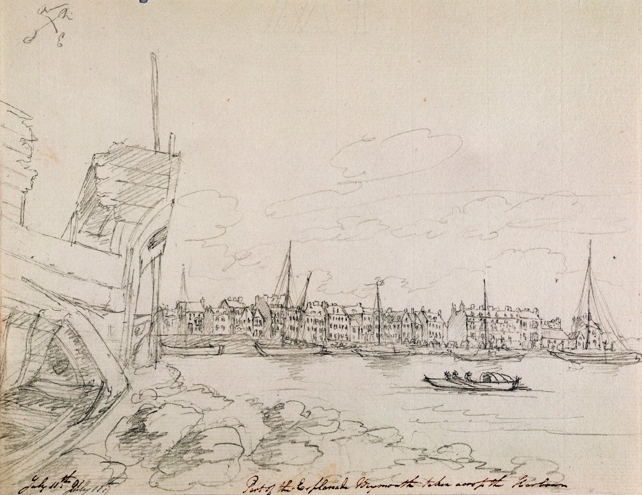 A plymouthi Esplanade egy része a kikötőn át, 1791 (tintával papíron) alkotó: James Moore