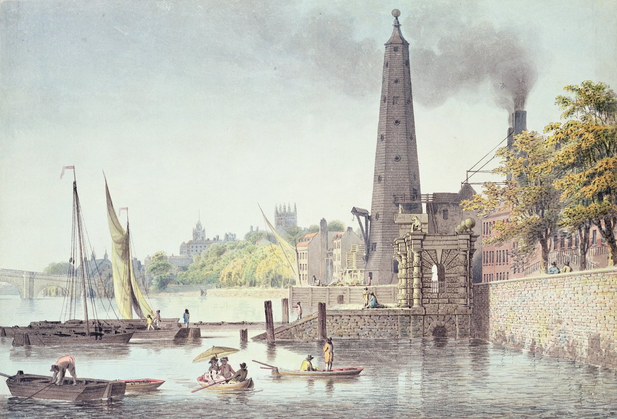 York Buildings, Westminster felé néz, kilátással a víztoronyra, 1797 (színes metszet) alkotó: James Peller Malcolm