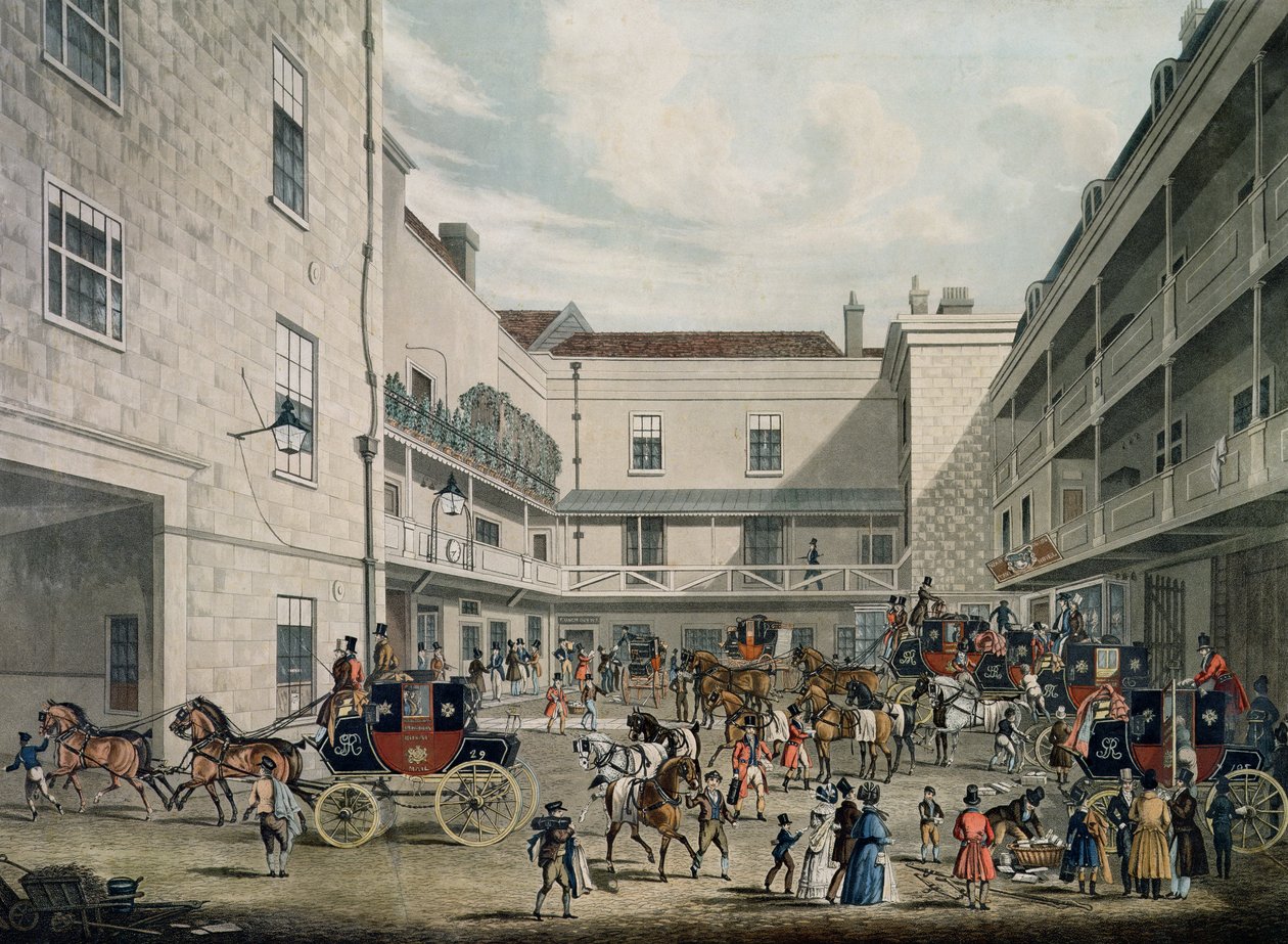 Királyi postakocsik elhagyják a The Swant kétnyakú fogadóval, Lad Lane, metszett F. Rosenberg, 1831 alkotó: James Pollard