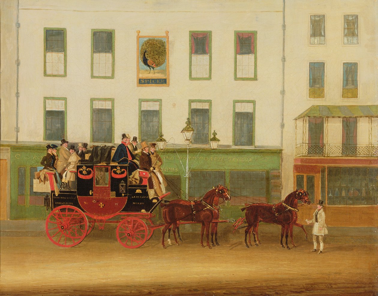 A London-Manchester Stage Coach ("The Peveril of the Peak") a Peacock Inn mellett, Islington alkotó: James Pollard