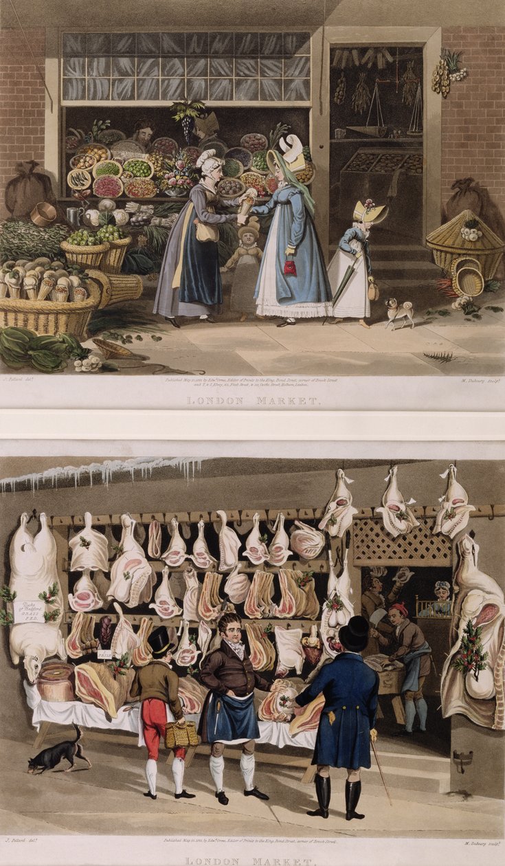 A Húsbódé és a Gyümölcsbódé a London Marketsről, M. Dubourg metszete, 1822 alkotó: James Pollard
