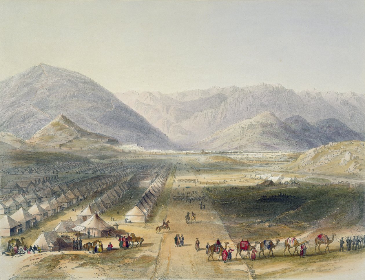 A kandahári hadsereg táborozása Nott tábornok vezetése alatt, Caubul falain kívül, Afganisztán britek általi kiürítésekor, 5. tábla az "Scenery, Inhabitants and Costumes of Afghanistan" című kiadványból, Engra alkotó: James Rattray