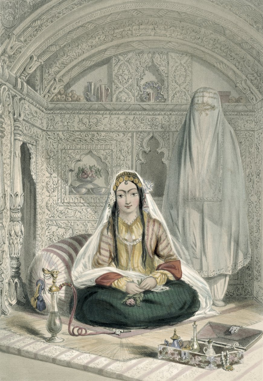 Caubul hölgyei benti és kültéri jelmezükben, 24. tábla a „Scenery, Inhabitants and Costumes of Afganistan” című könyvből, Walker metszetével, 1848 alkotó: James Rattray
