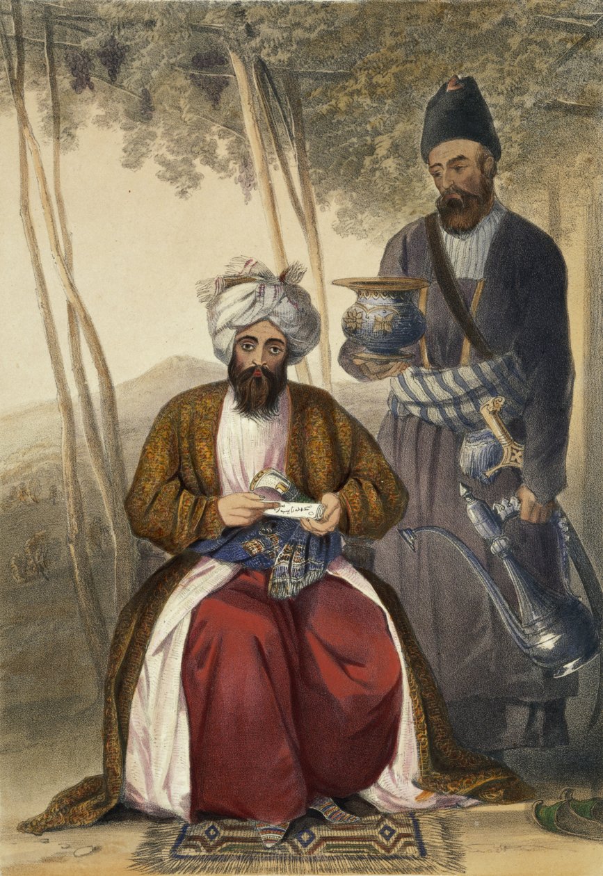 Mahommed Naib Shurreef, Caubul ünnepelt kuzzilbachi főnöke és peshkhidmutja vagy főkísérője, „Afganisztán díszletei, lakói és jelmezei” 15. táblája, Robert Carrick metszetével (1. k. alkotó: James Rattray