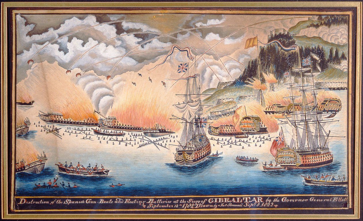 A spanyol fegyverhajók és úszóütegek megsemmisítése Gibraltár ostrománál Eliott főkormányzó által, 1782. szeptember 13., 1822 (toll és wc) alkotó: James Rosewall