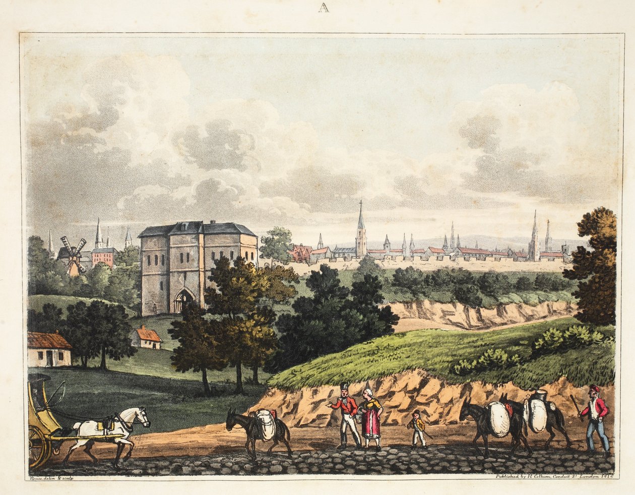 Brüsszel városa, a Foret de Soigne bejáratától a sorompóval, H. Colburn pub, 1816 alkotó: James Rouse