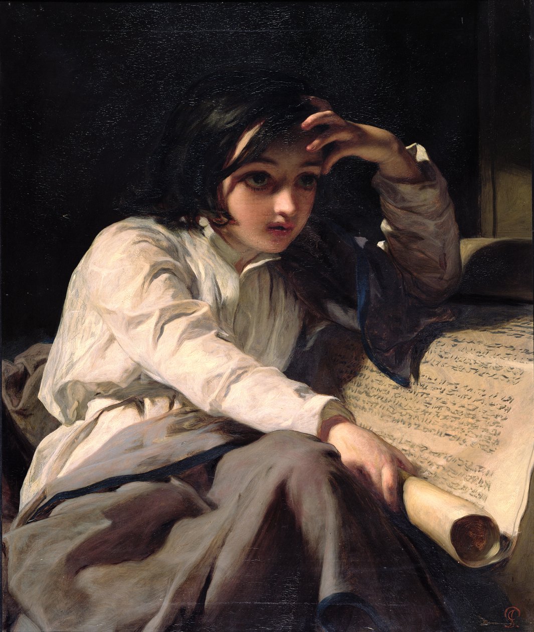 A csecsemő Timóteus kibontakozik a Szentírásban, 1853 körül alkotó: James Sant
