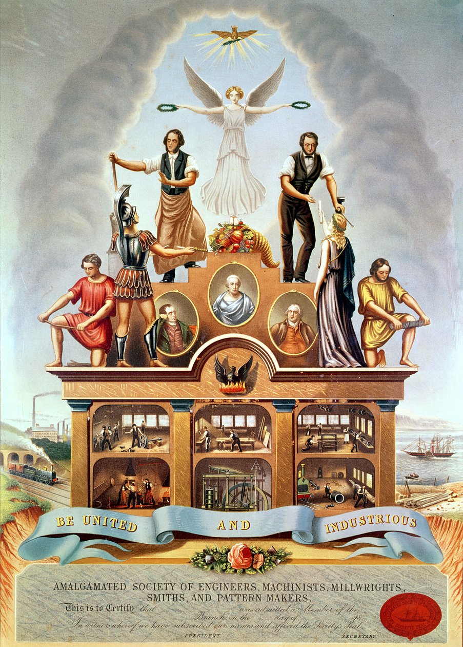 A Mérnökök, Gépészek, Malomgyártók, Kovácsok és Mintakészítők Összevont Társaságának kereskedelmi jelképe, vésette George Greatbach, 1852 alkotó: James Sharples