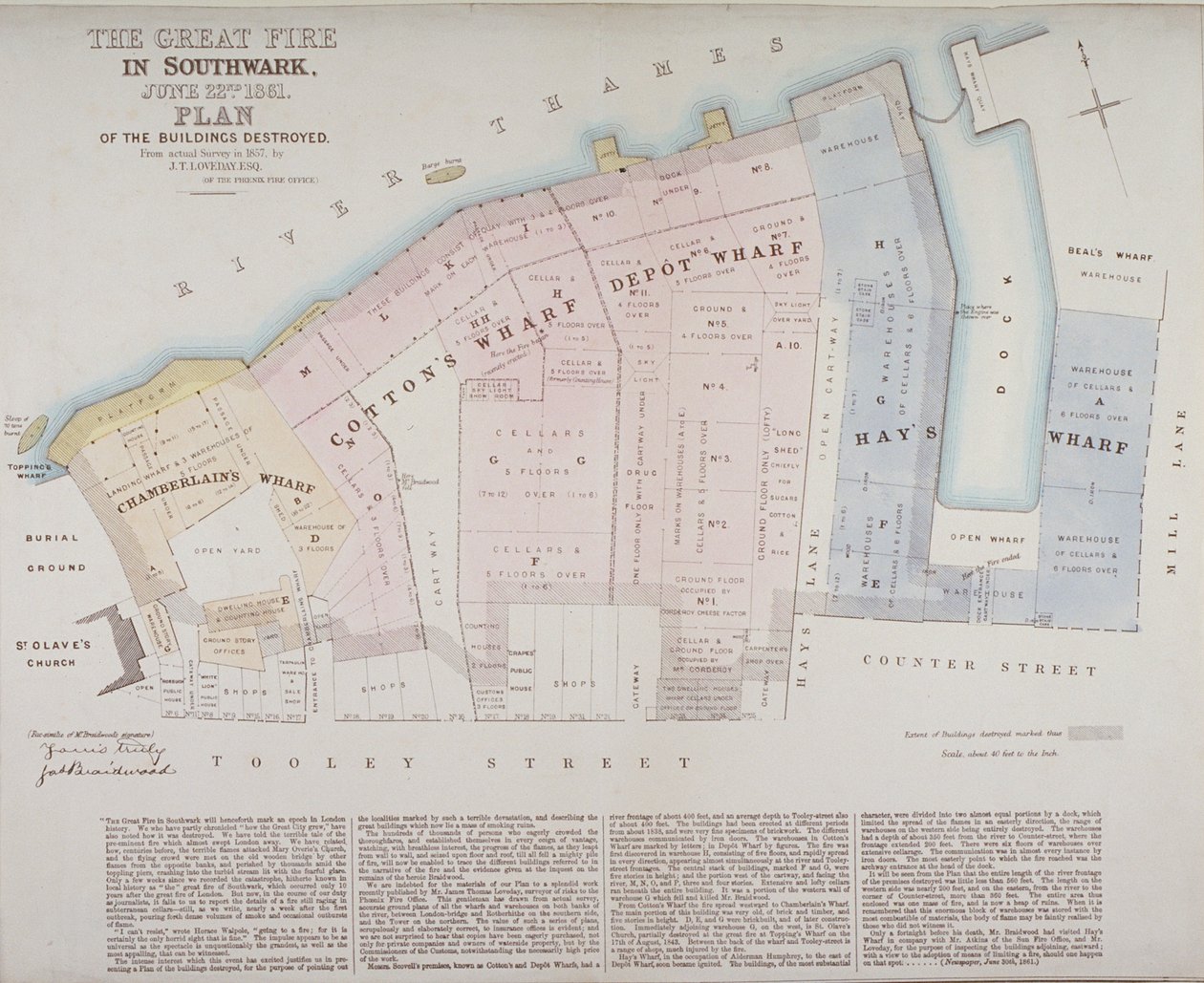 Az 1861-es Cottons Wharf tűzvészben Chamberlains Wharfban, Cottons Wharfban és Hays Wharfban megsemmisült épületek terve alkotó: James Thomas Loveday