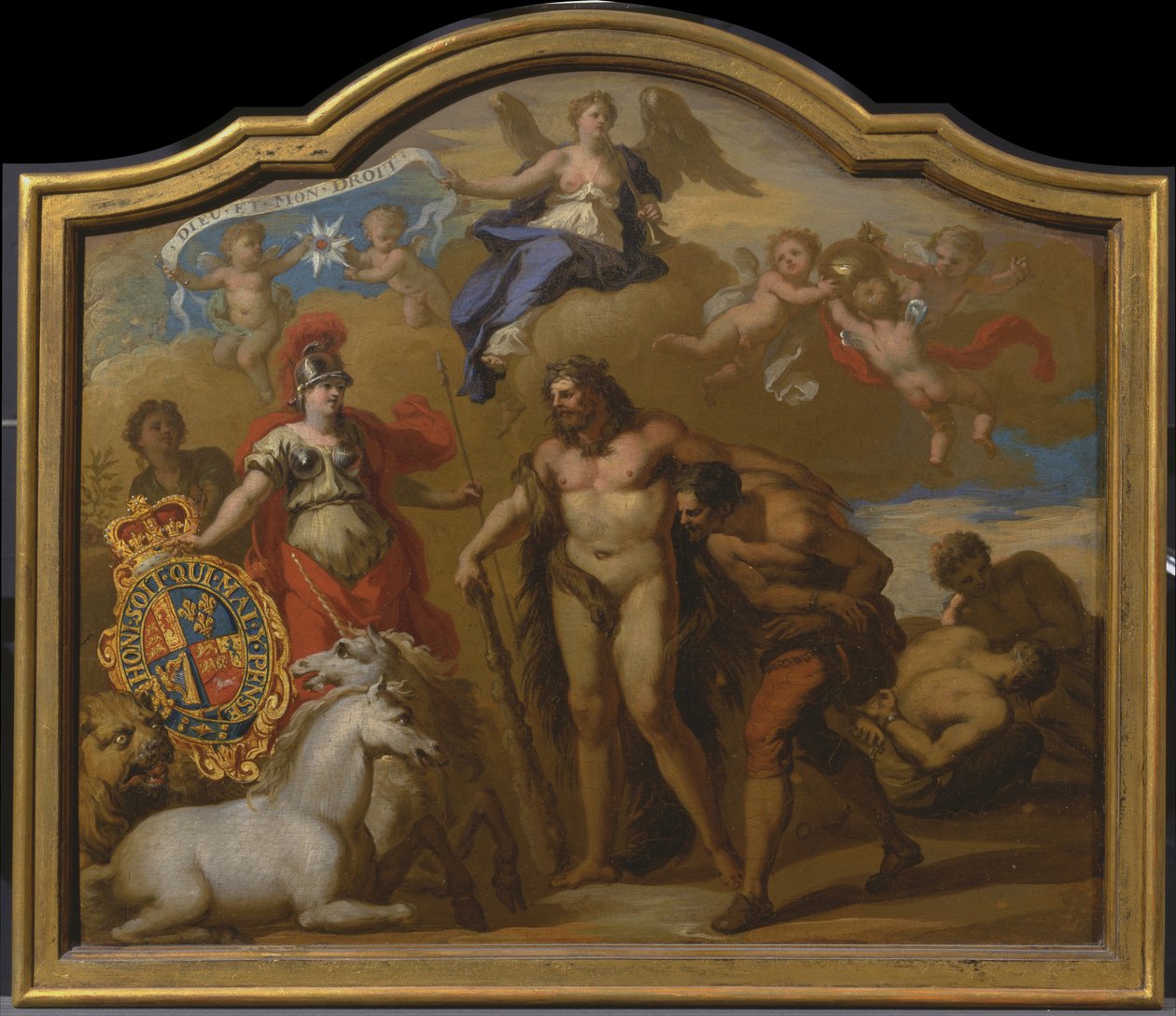 Nagy -Britannia hatalmának allegóriája a szárazföldön, díszítő panel tervezése George Is ceremóniához ... alkotó: James Thornhill