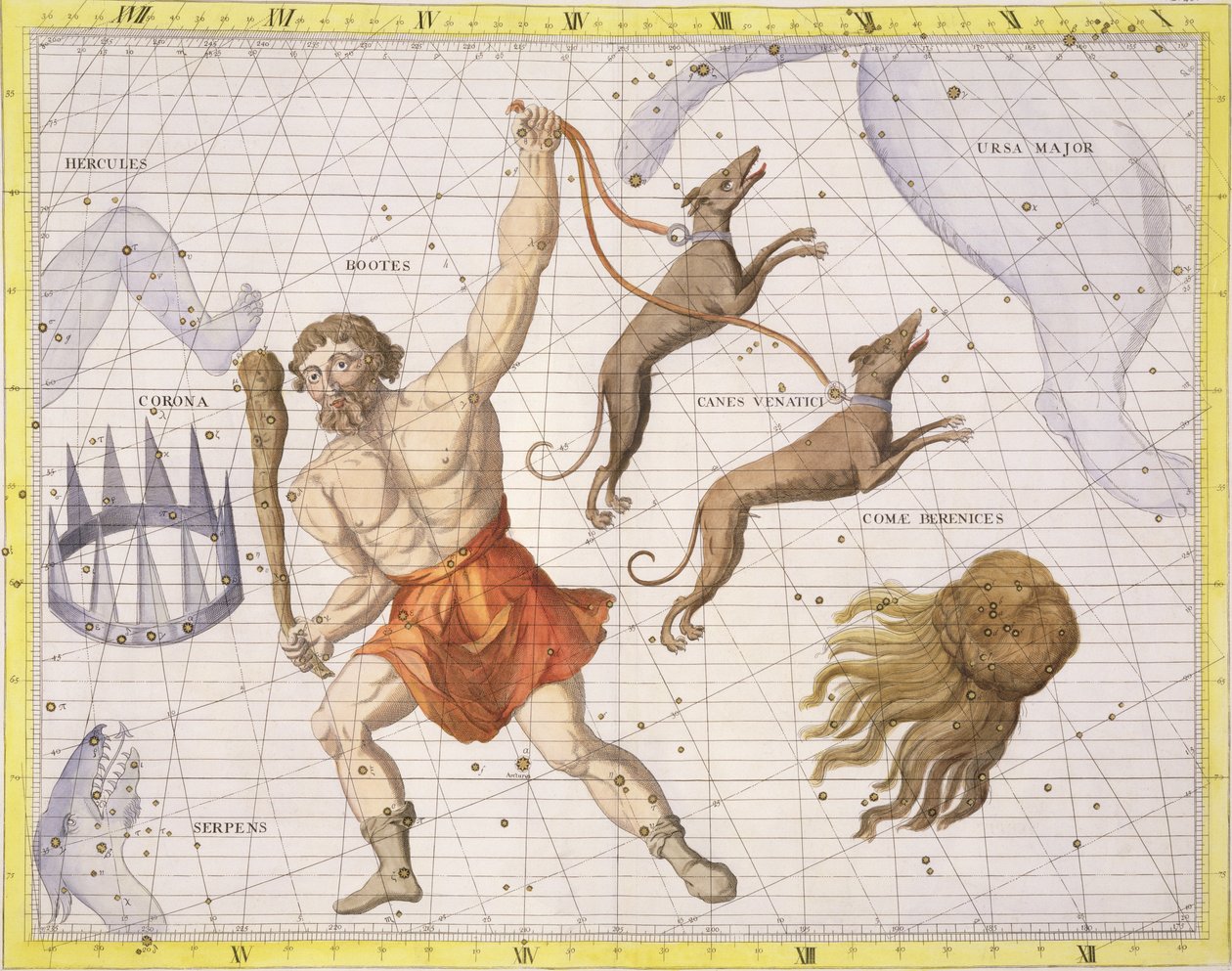 Csizmák csillagképe, 20. tábla az „Atlas Coelestis”-ből, John Flamsteed (1646-1710), 1729-ben megjelent (kézzel színezett metszet) alkotó: James Thornhill