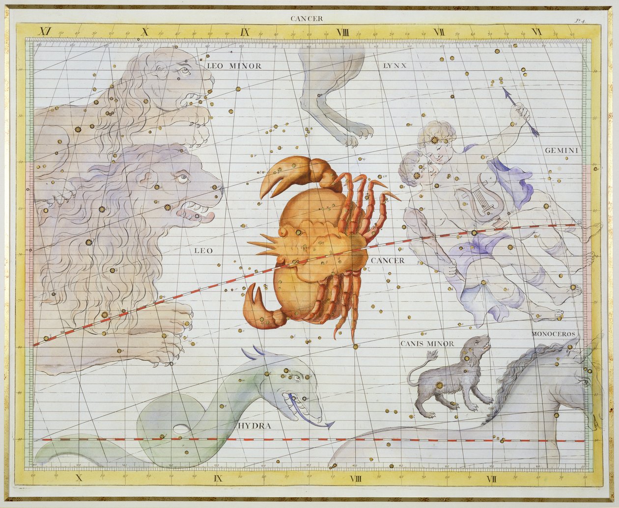 Rák csillagkép, 4. tábla az „Atlas Coelestis”-ből, John Flamsteed (1646-1710), 1729-ben megjelent (kézzel színezett metszet) alkotó: James Thornhill