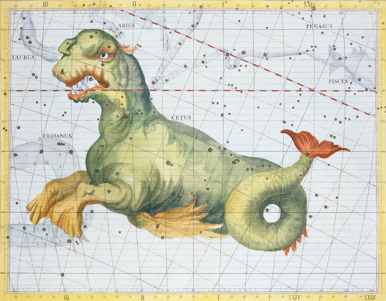 A Cetus, a bálna csillagképe, John Flamsteed (1646-1719) "Atlas Coelestis" című, 1729-ben kiadott művéből (kézi színes metszet). alkotó: James Thornhill