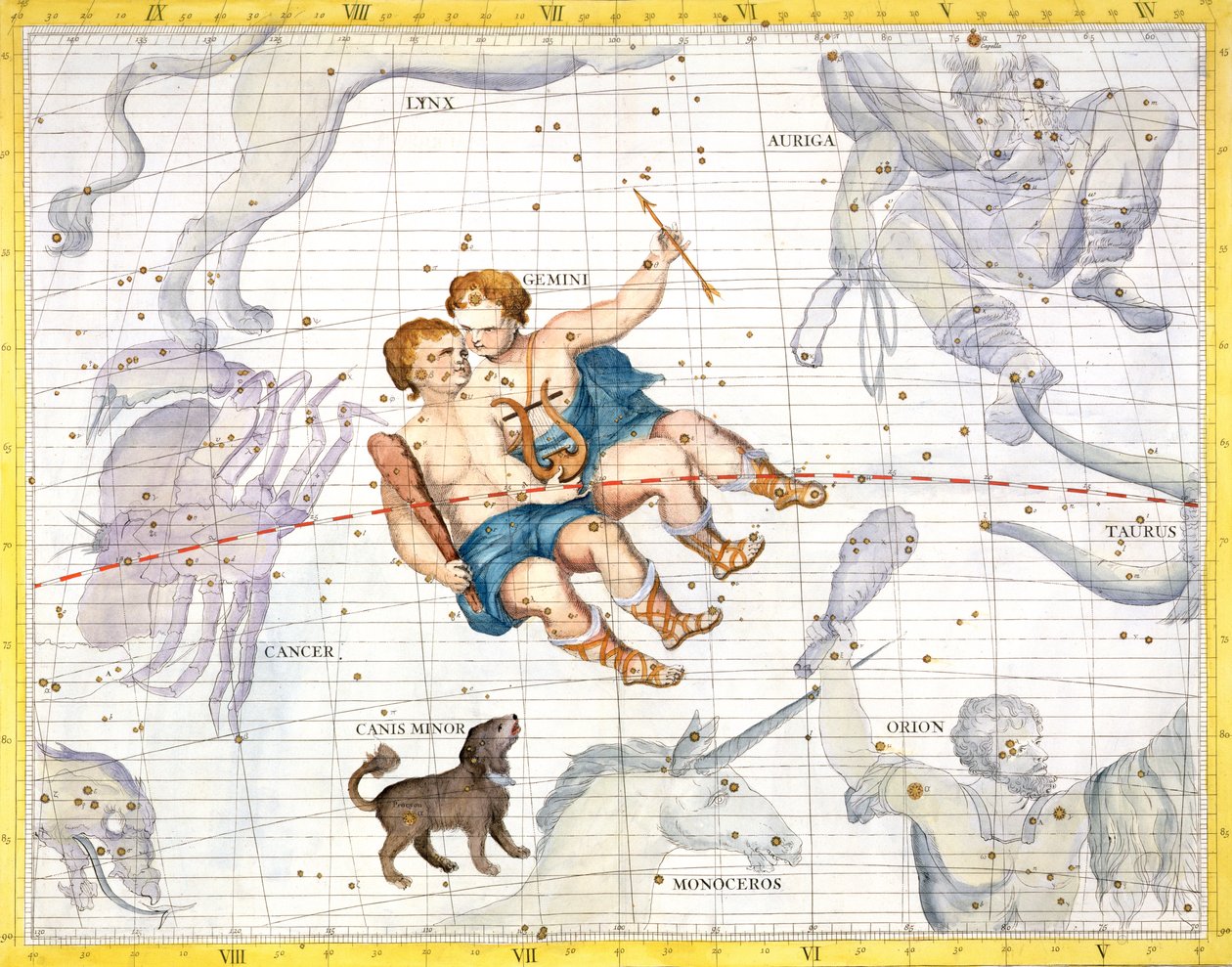 Az Ikrek csillagkép a Kis-Kanyarral, 13. tábla John Flamsteed (1646-1710) "Atlas Coelestis" című, 1729-ben kiadott művéből (kézi színezett metszet). alkotó: James Thornhill