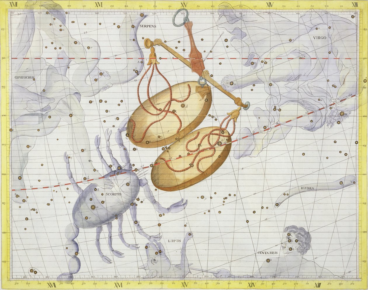 Mérleg csillagkép, 7. tábla az „Atlas Coelestis”-ből, John Flamsteed (1646-1710), 1729-ben megjelent (kézzel színezett metszet) alkotó: James Thornhill