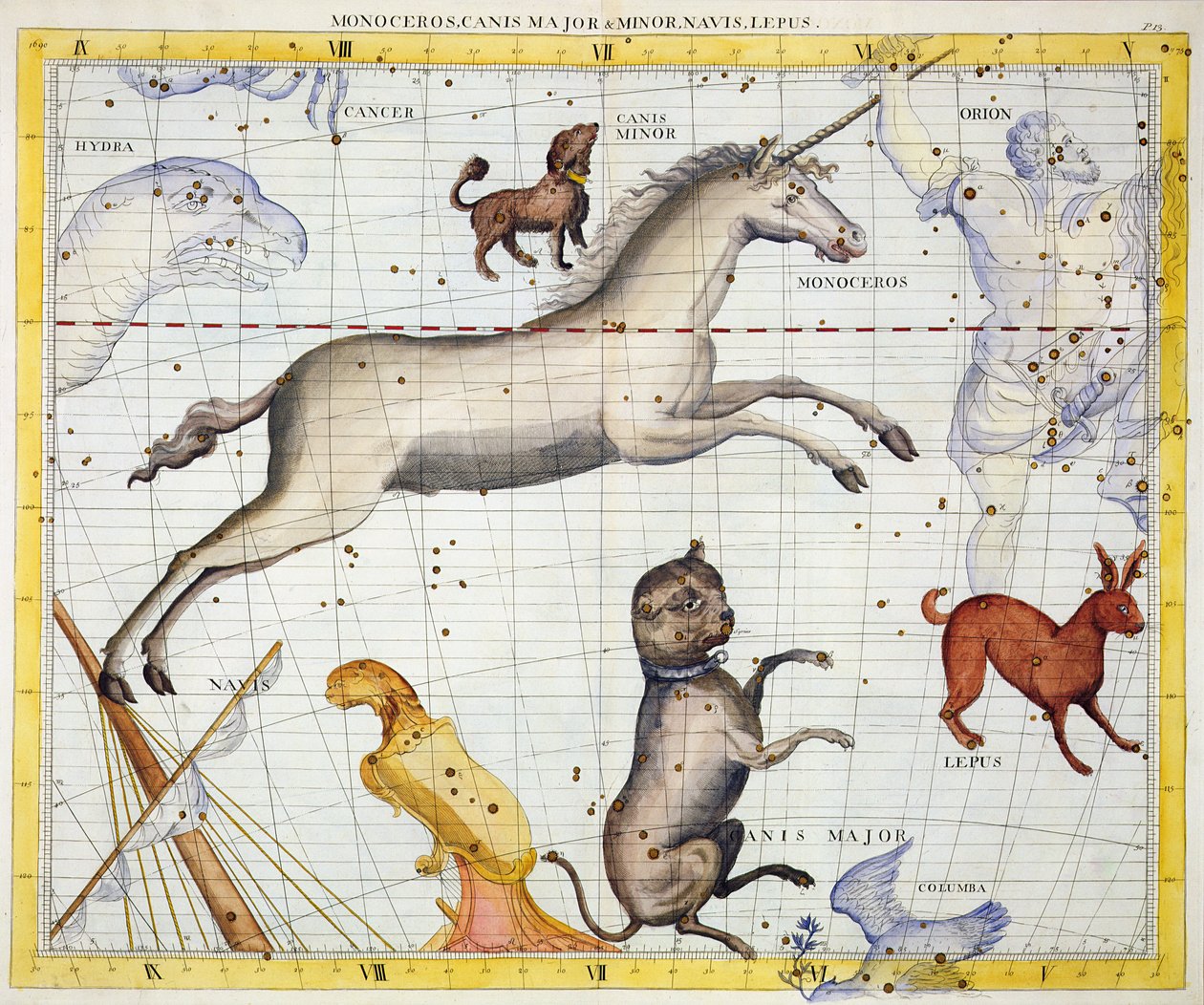 Monoceros csillagkép kis- és nagy canis-szal, 13. tábla az „Atlas Coelestis”-ből, John Flamsteed (1646-1710), megjelent 1729-ben (kézzel színezett metszet) alkotó: James Thornhill