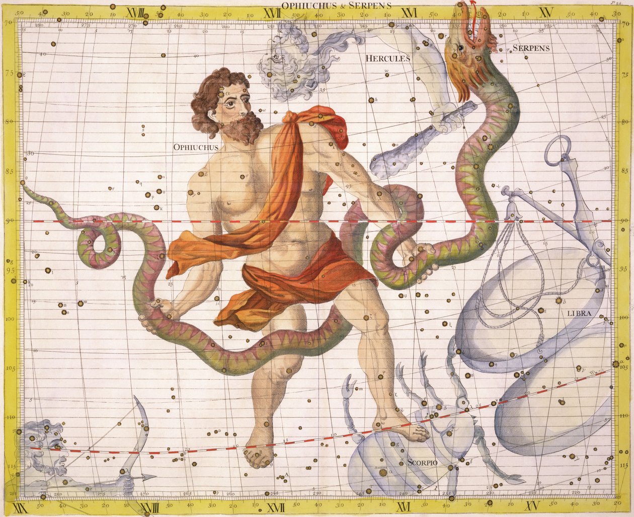 Ophiucus és Serpens csillagkép, 22. tábla John Flamsteed (1646-1710) "Atlas Coelestis" című, 1729-ben kiadott művéből (kézi színes metszet). alkotó: James Thornhill