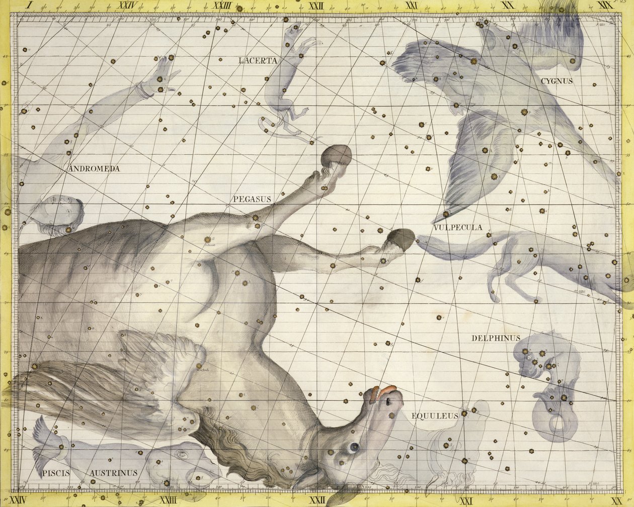 Pegazus csillagkép, 25. tábla John Flamsteed (1646-1710) "Atlas Coelestis" című, 1729-ben kiadott művéből (kézi színes metszet). alkotó: James Thornhill