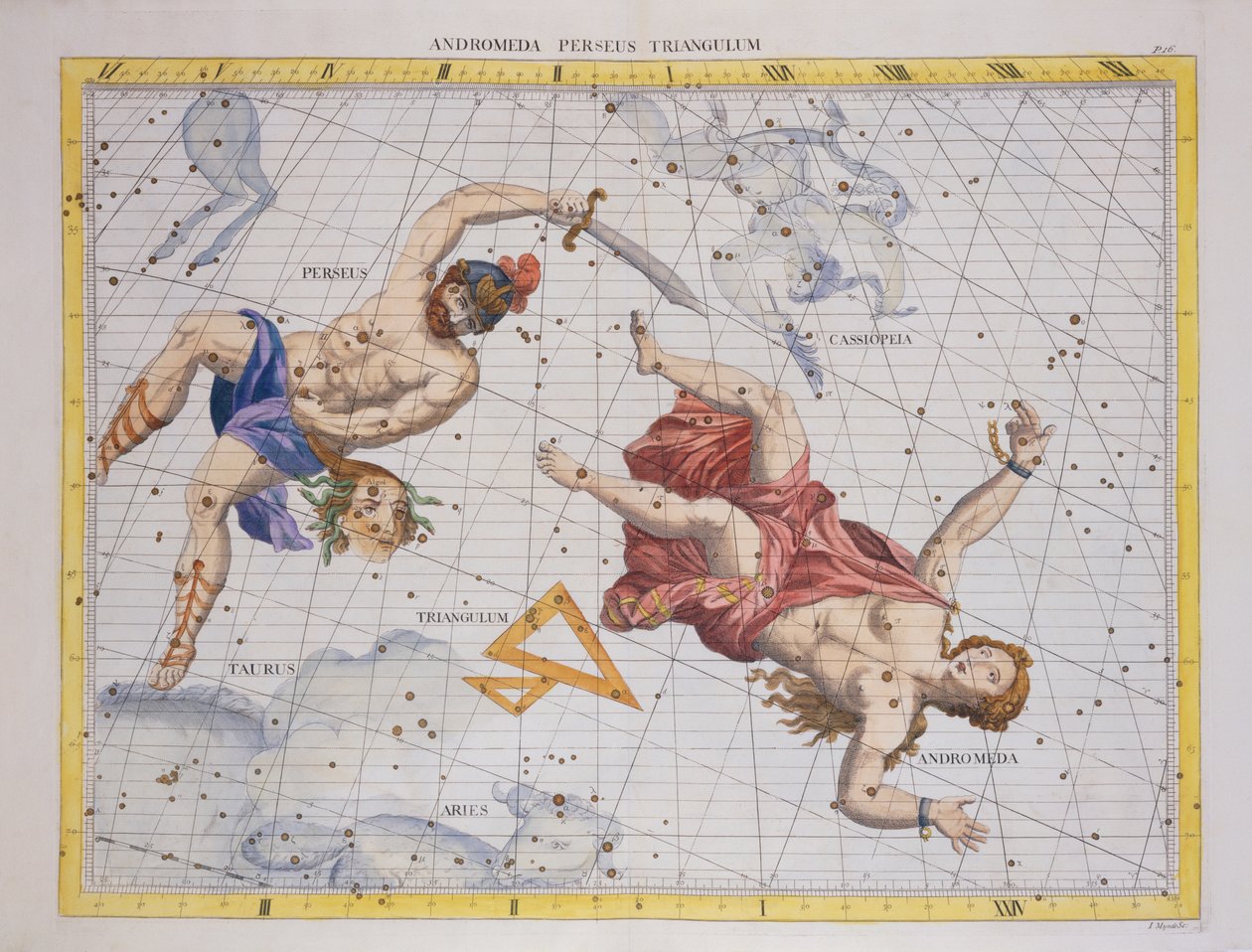 Perszeusz és Androméda csillagkép, az „Atlas Coelestis”-ből, John Flamsteed (1646-1719), pub. 1729-ben (kézzel színezett metszet) alkotó: James Thornhill