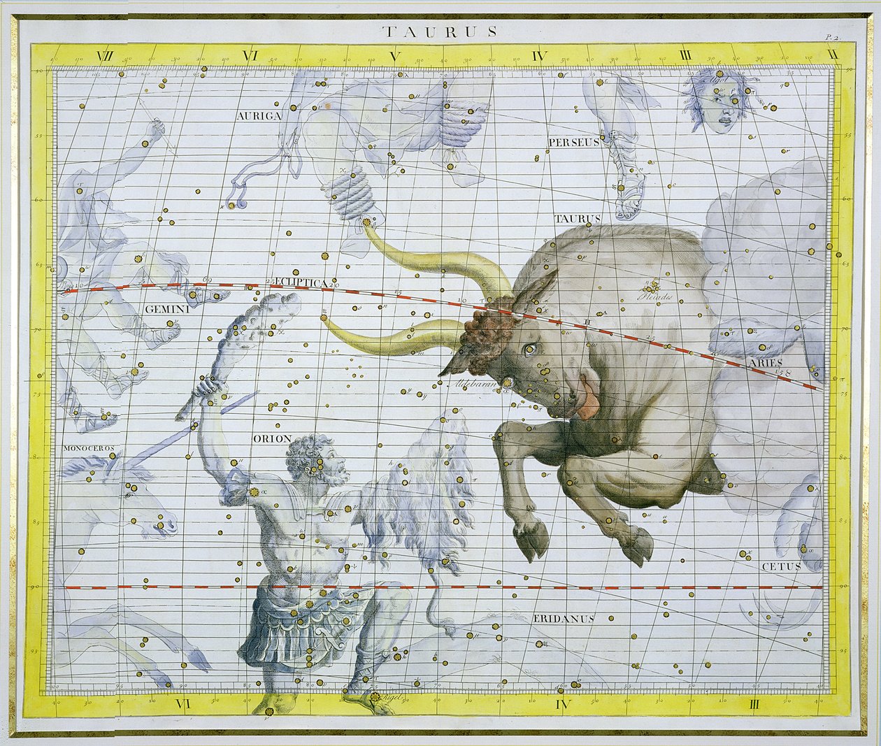 Bika csillagkép, 2. tábla az „Atlas Coelestis”-ből, John Flamsteed (1646-1710), 1729-ben megjelent (kézzel színezett metszet) alkotó: James Thornhill
