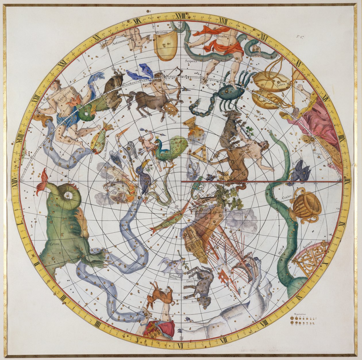 27. tábla John Flamsteed (1646-1719) "Atlas Coelestis" című, 1729-ben kiadott művéből (kézi színes metszet). alkotó: James Thornhill