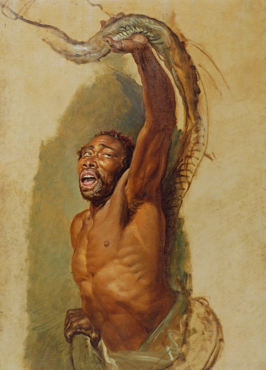 Ember küzd egy boa-összehúzóval, Tanulmány a „Liboya Serpent Seizing its Prey” című filmhez, 1803 körül alkotó: James Ward