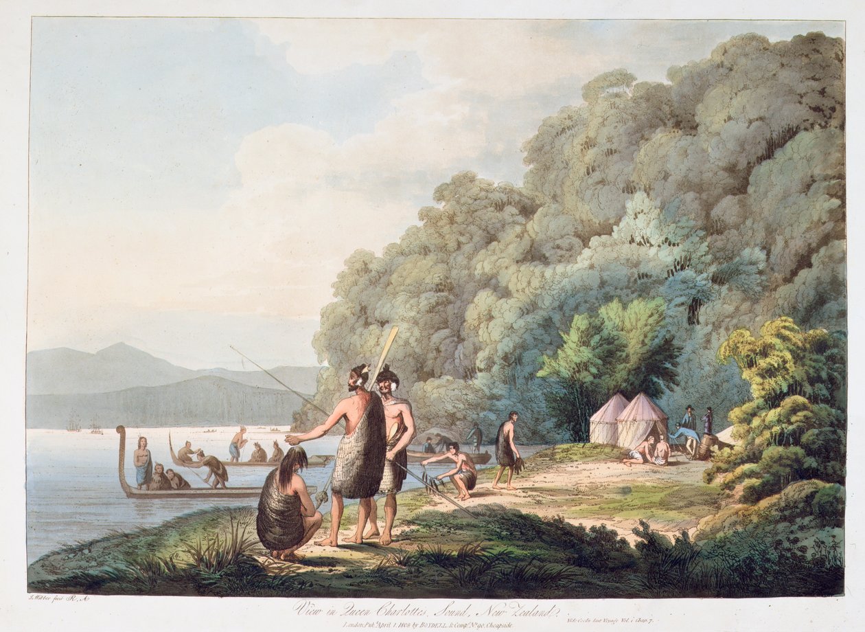 Kilátás Queen Charlotte Soundon, Új-Zélandon, a Views in the South Seasből, 1809 (kézzel színezett akvatinta) alkotó: James Webber