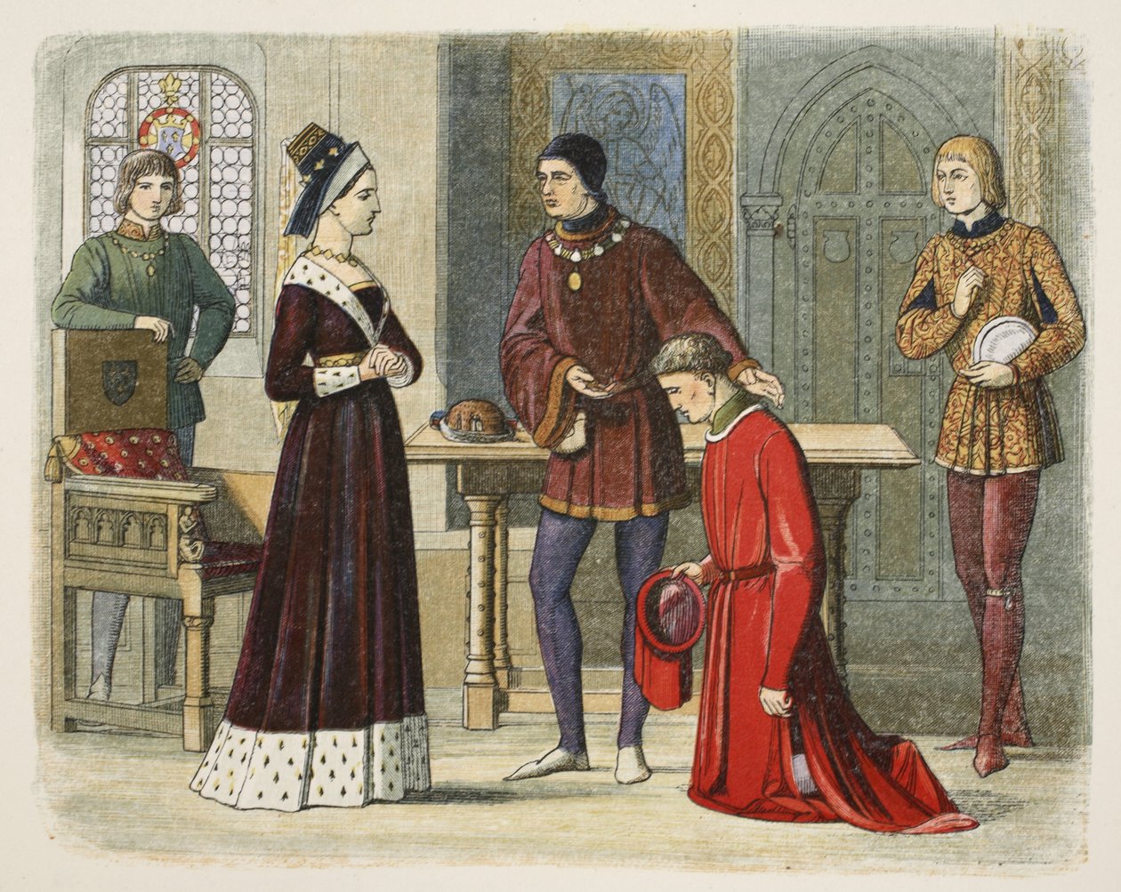 Warwick grófja aláveti magát Margaret királynőnek, 1470, A Chronicle of England BC 55-től AD 1485-ig, pub. London, 1863 alkotó: James William Edmund Doyle