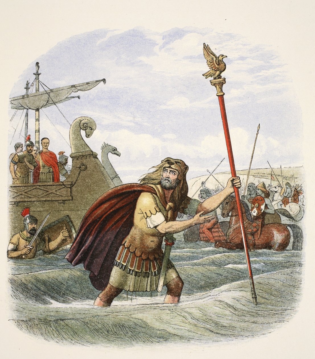 A tizedik légió római zászlóvivője, aki Nagy-Britanniában szállt partra, Kr.e. 55-ben, A Chronicle of England Kr.e. 55-től Kr. u. 1485-ig, pub. London, 1863 alkotó: James William Edmund Doyle