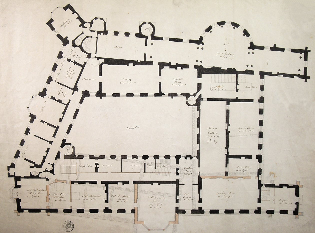 Tervezés a Harmadik Kastély átalakításához (toll és tinta mosással papíron) alkotó: James Wyatt