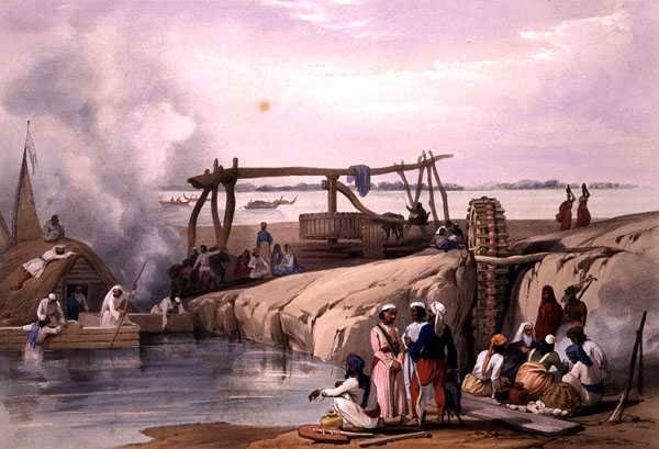 Jelenet a Sutlej folyón, Pandzsábban, a "Vázlatok Afganisztánban" című művéből, Charles Haghe (1810-88) és Louis Haghe (1806-85) metszete Henry Graves kiadásában alkotó: James (after) Atkinson