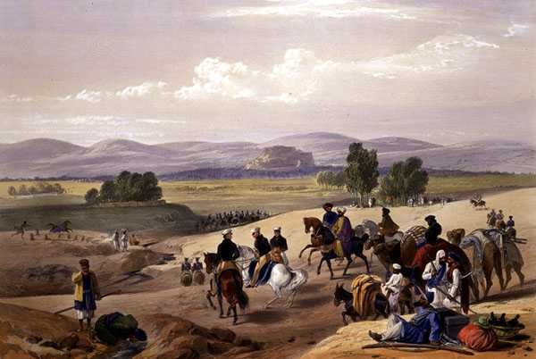 A Kwettah-erőd megközelítése a „Vázlatok Afghaunisztánban” című művéből, Charles Haghe (1810-88) és Louis Haghe (1806-85) metszete, Henry Graves kiadója alkotó: James (after) Atkinson