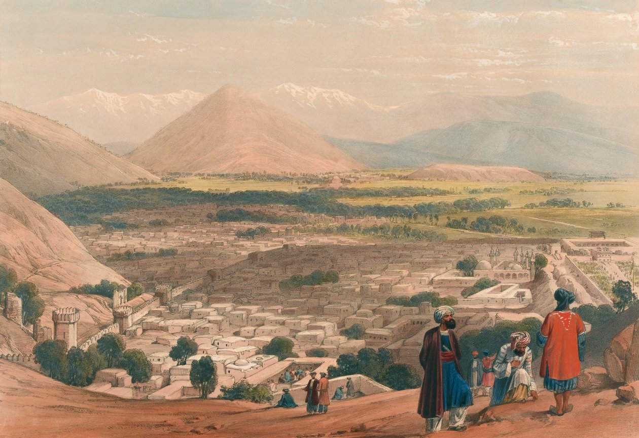 „A Balla Hissar és Caubul városa [sic], a Citadella felső részéből” (kőnyomat, színezett) alkotó: James (after) Atkinson