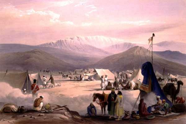 A Dadur-i tábor, a Bolan-hágó bejáratával, a Charles Haghe (1810-88) és Louis Haghe (1806-85) által metszett, Henry Graves által kiadott "Vázlatok Afghaunisztánban"-ból. alkotó: James (after) Atkinson