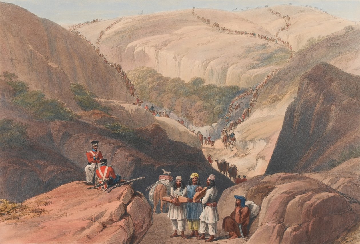 „The First Descent through the Koojah [sic] Pass”, 1839 körül (kőnyomat, színezett) alkotó: James (after) Atkinson