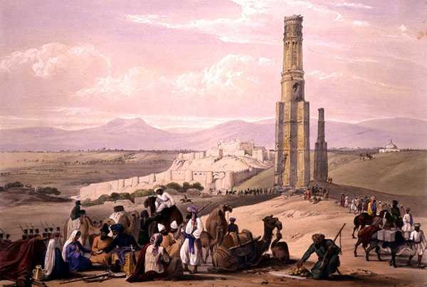 Ghunzee erődje és citadellája és a két minar, a Charles Haghe (1810-88) és Louis Haghe (1806-85) által metszett, Henry Graves által kiadott "Vázlatok Afghaunisztánból". alkotó: James (after) Atkinson