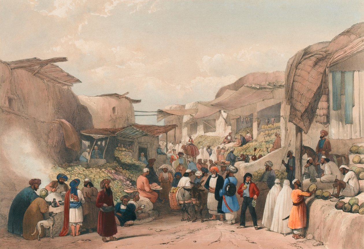 „The Main Street in the Bazaar at Caubul in the Fruit Season”, 1839 körül (litográfia, színezett) alkotó: James (after) Atkinson