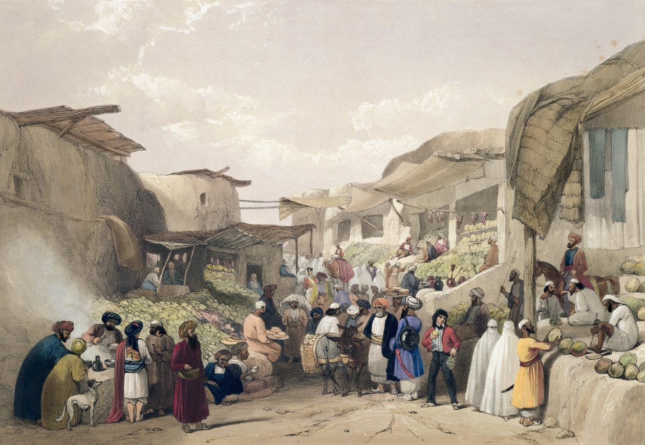 A főutca a caubuli bazárban, a gyümölcsszezonban, a "Vázlatok Afghaunisztánban" című művéből, Charles Haghe (1810-88) és Louis Haghe (1806-85) metszete, Henry Graves kiadója alkotó: James (after) Atkinson