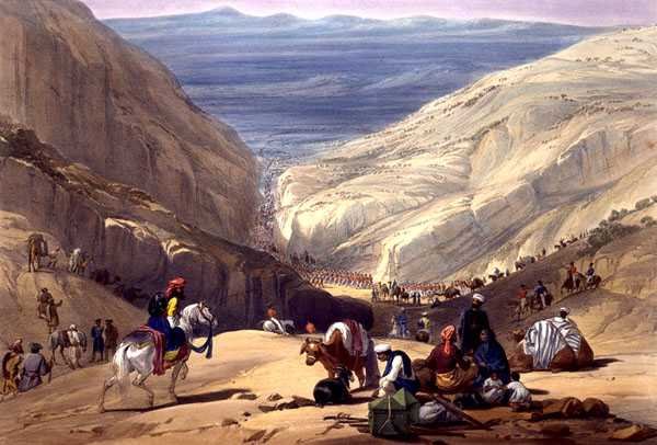 A második leereszkedés a Koojah-hágón, a „Vázlatok Afghaunisztánban” című művéből, Charles Haghe (1810-88) és Louis Haghe (1806-85) metszete, Henry Graves kiadója alkotó: James (after) Atkinson
