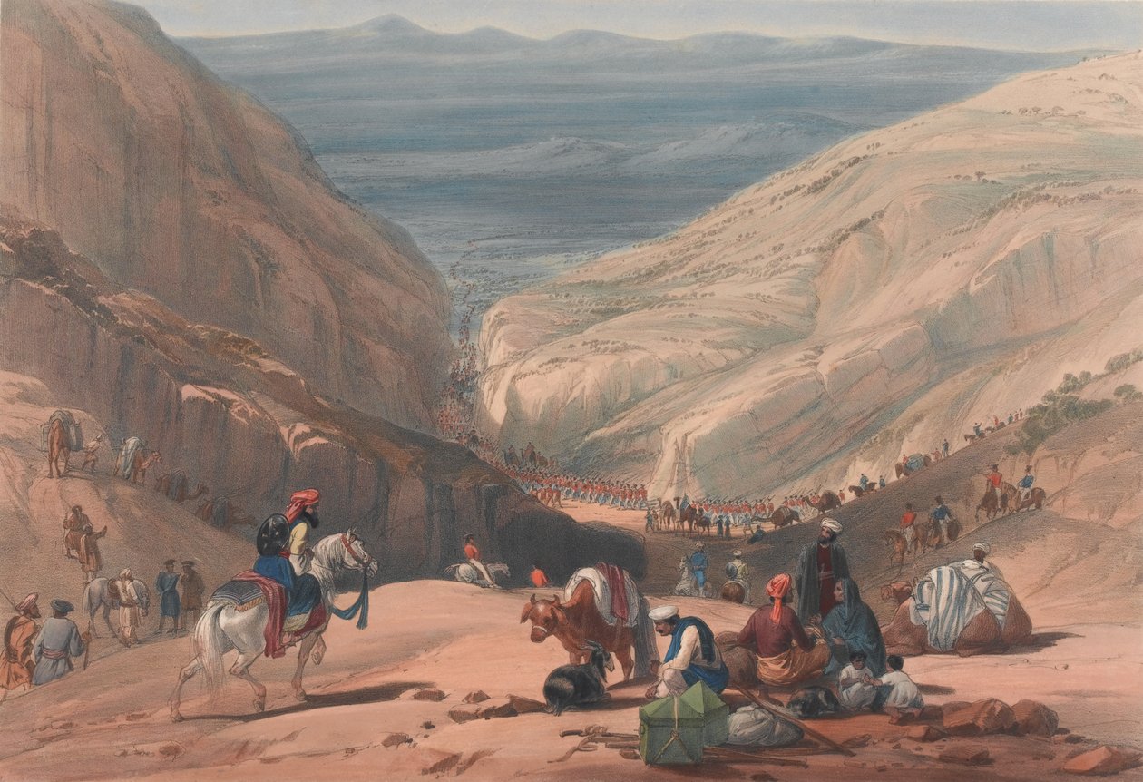 „The Second Descent through the Koojah [sic] Pass”, 1839 körül (kőnyomat, színezett) alkotó: James (after) Atkinson